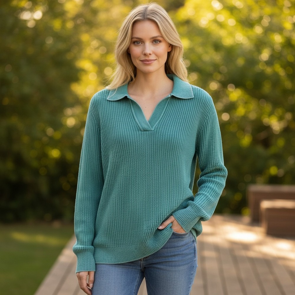 Soft Surroundings oversized S teal V neck cotton distressed wash sweater I